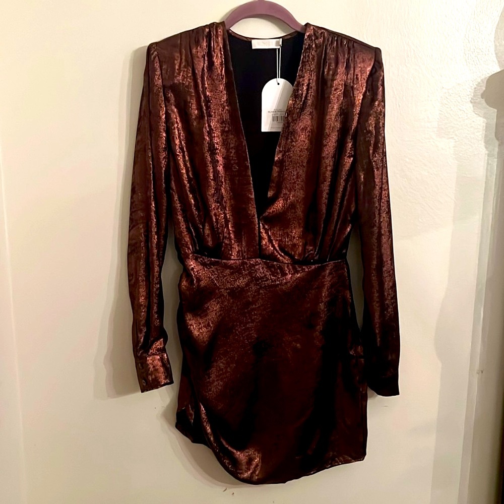 Rumer Deep V Neck Long Sleeve Deep V-Neck Bronze Mini Dress Small NWT